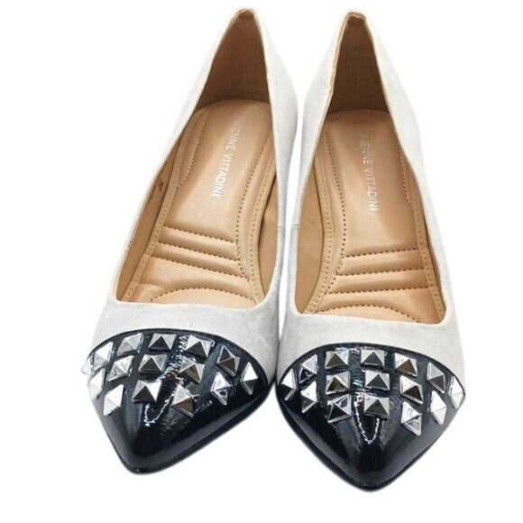NEW Adrienne Vittadini Nena White/Black/Silver Studded Colorblock 3.5" Heels 8 - Picture 2 of 10